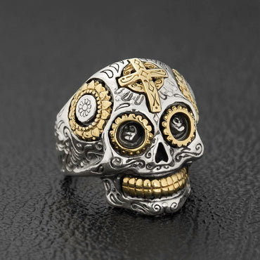 Sterling Silver Mexican Sugar Skull Ring With Cross