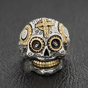 Sterling Silver Mexican Sugar Skull Ring With Cross