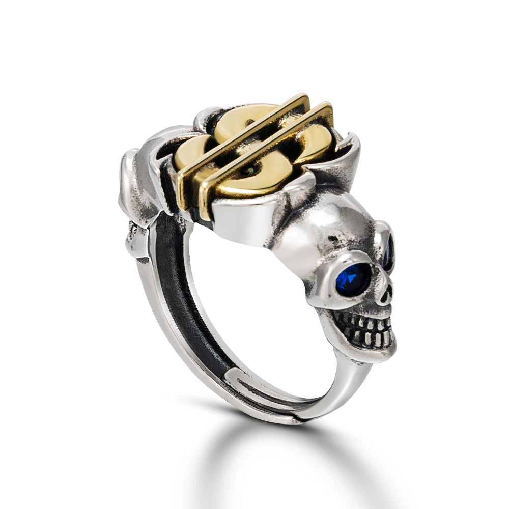 Sterling Silver Double Skull Dollar Sign Ring