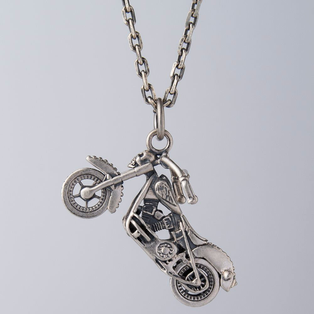 Sterling Silver Skull Motorcycle Pendant Necklace