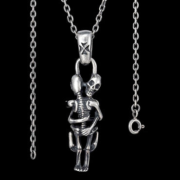 Silver Skeleton Couple Hug Pendant Necklace