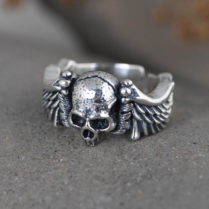 Silver Skull Wing Ring