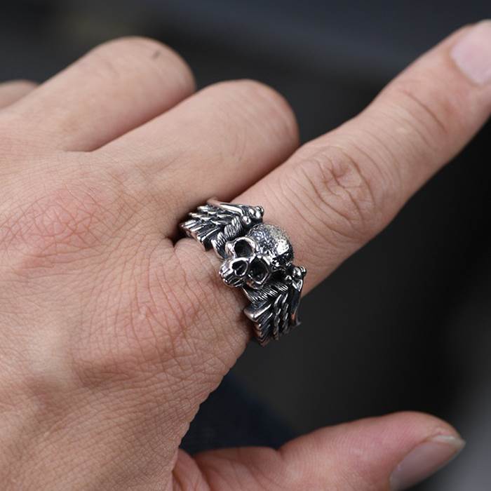 Silver Skull Wing Ring