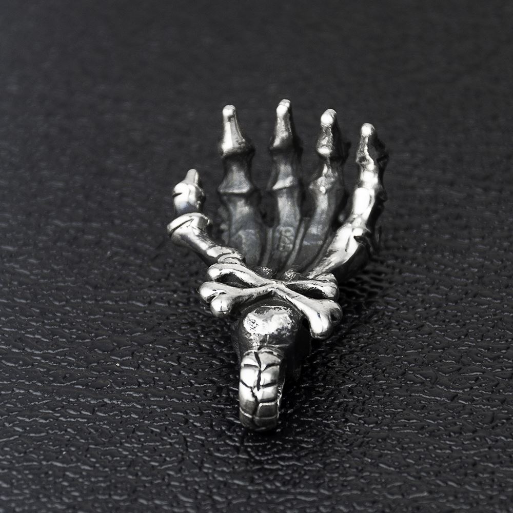 thumbnail image 2 of .925 Sterling Silver Rocker Skeleton Finger Hand Pendant - Men's Biker Jewelry 2 of 5
